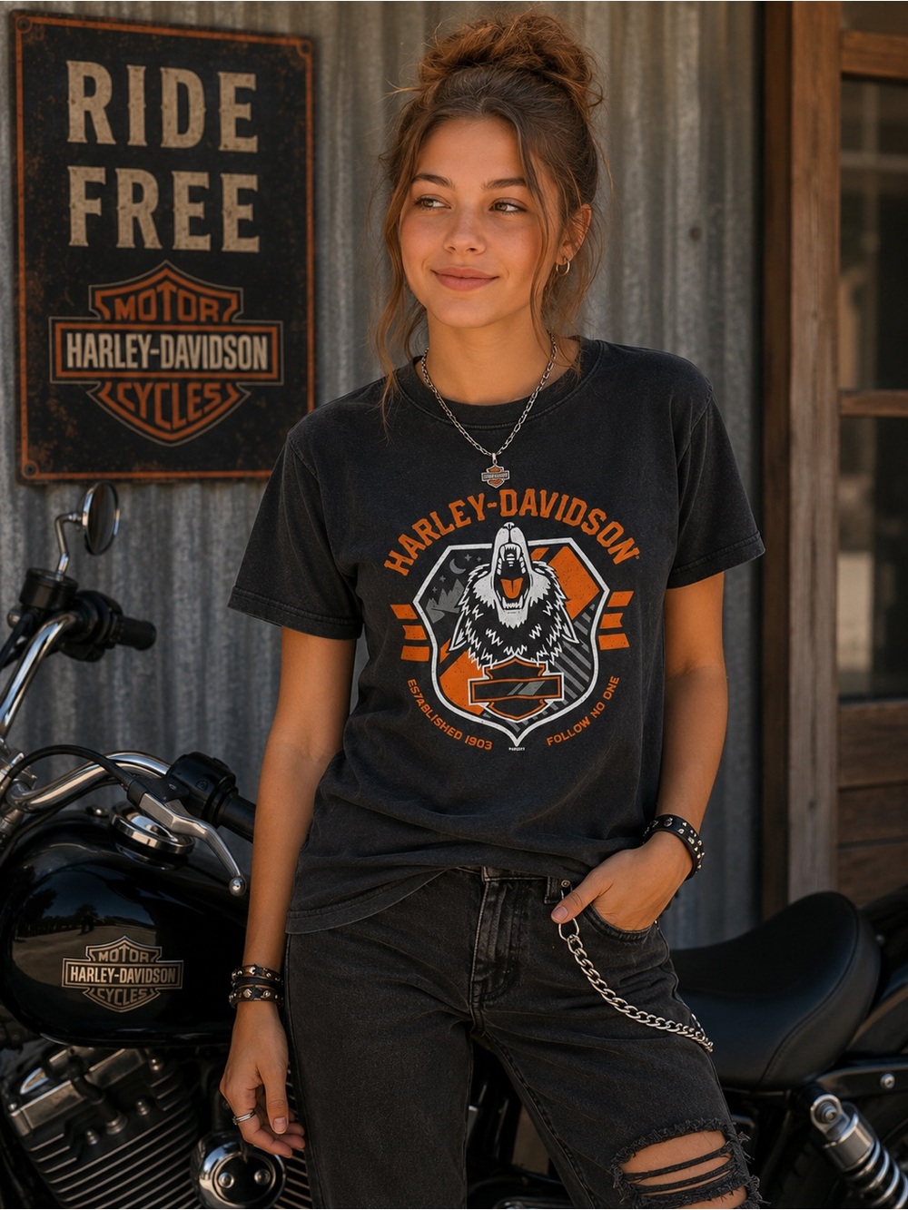 Harley-Davidson Youth L Black Graphic Wolf Tee Motorcycle Biker T-Shirt